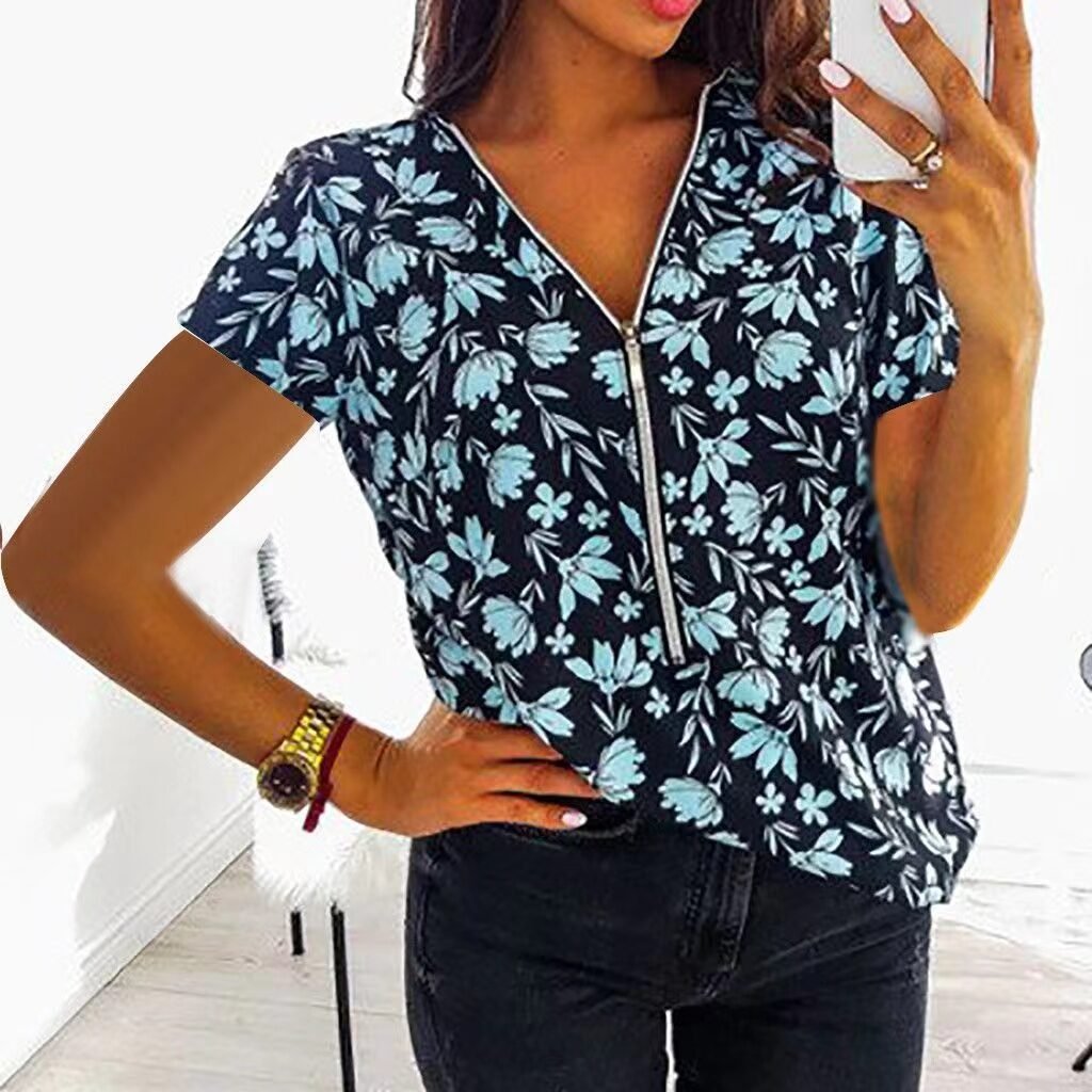 V Neck Zip Top Print Women's Casual Short Sleeves