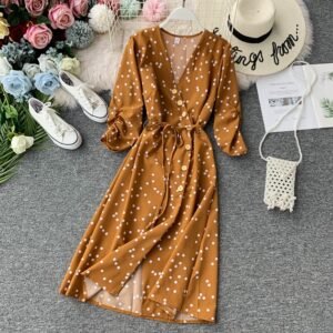Polka dot lace chiffon dress over the knee midi skirt