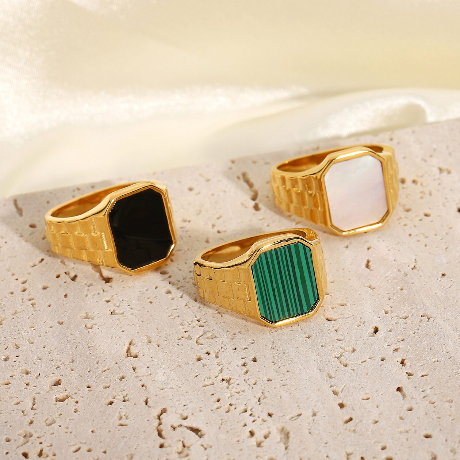 Fashion Stainless Steel Jewelry Lady Green Malachite White Shell Epoxy Rectangular Ring - Image 7
