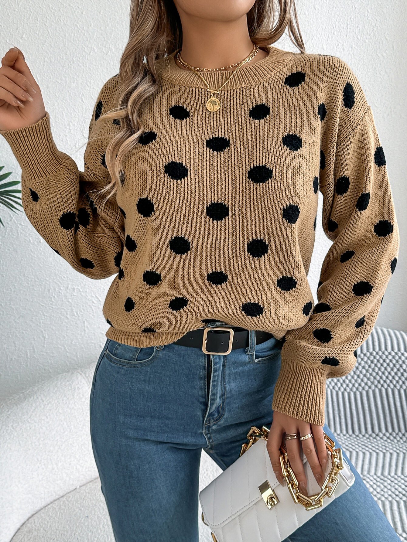 Casual Color Block Polka Dot Long Sleeve Pullover Sweater - Image 13