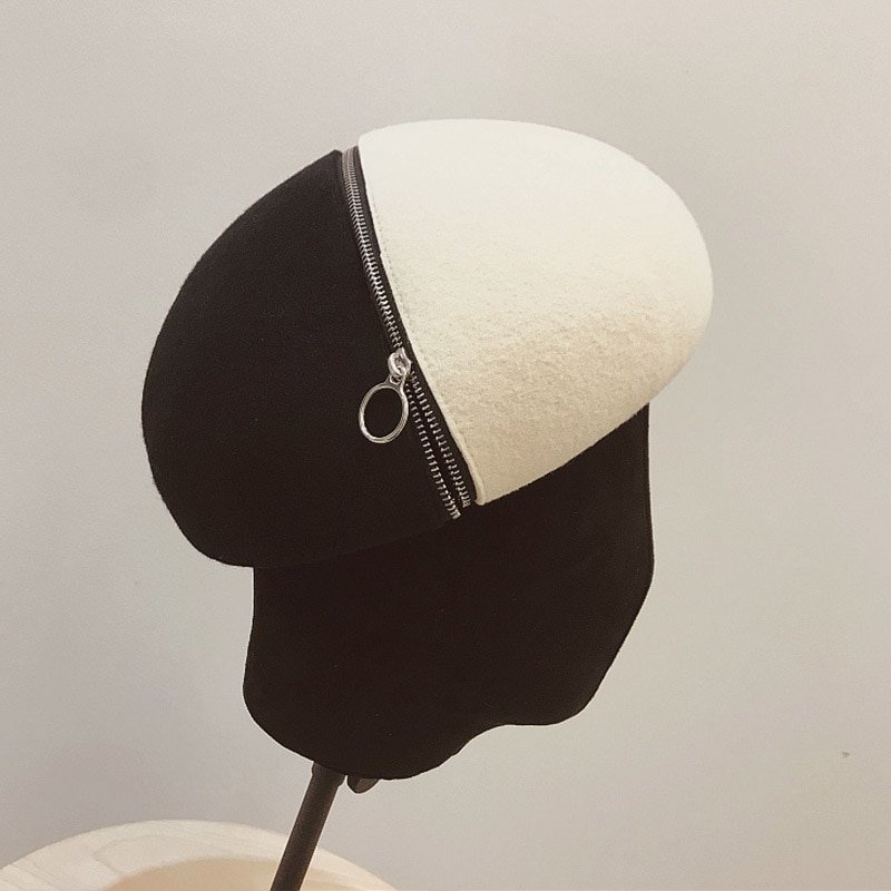 Black and white wool felt hat with zipper and beret - Image 5