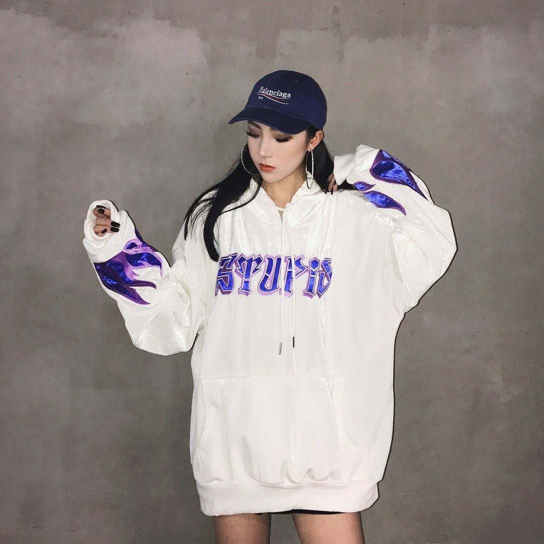 new Korean version of Harajuku high-end embroidery flame letter plus velvet drawstring hooded velvet sweater - Image 3