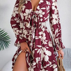 Women's Floral Long Sleeve Scalloped Hem A-Line Dress