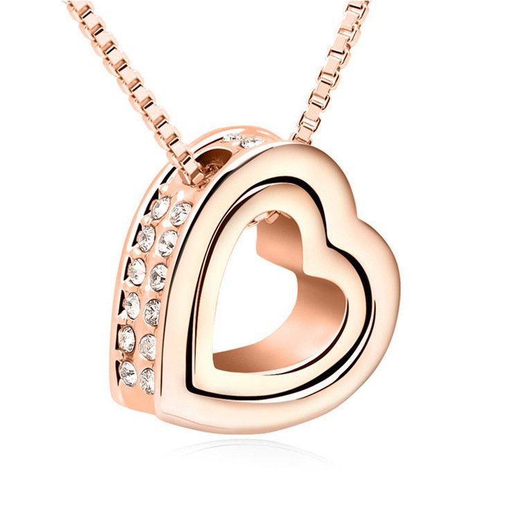 Crystal Double Heart Shaped Necklace Short Heart Pendant