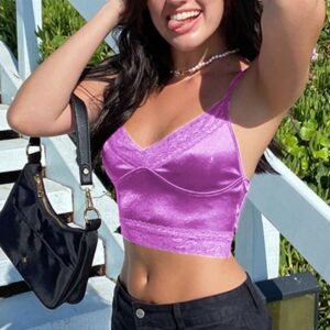 Lace edge check navel short suspender vest
