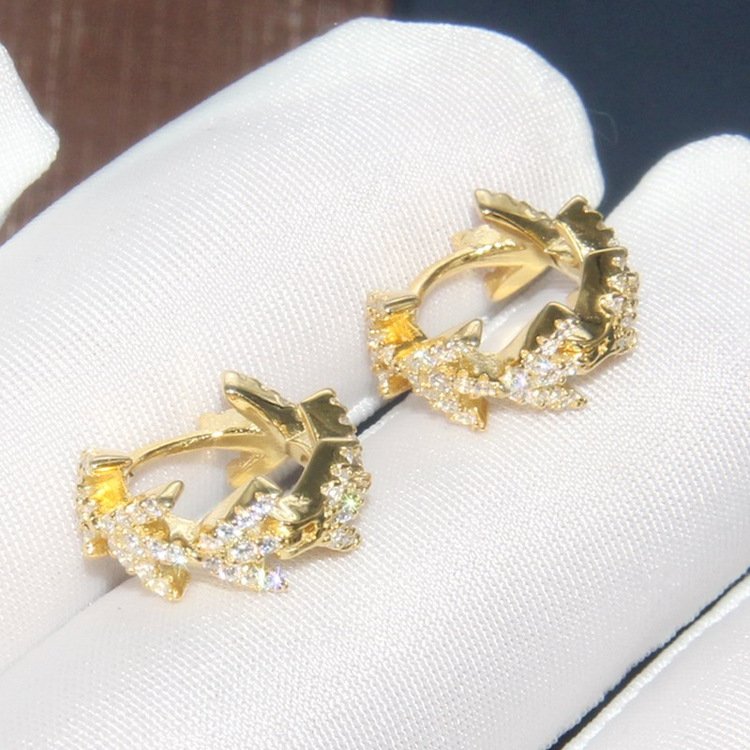 Europe and the United States big s925 sterling silver earrings ladies gold silver crystal diamonds bay leaf ear ring temperament fashion tide - Image 2