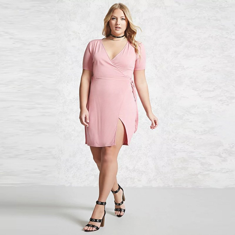 Sexy V-Neck Lace Cardigan Skirt Short-Sleeved Split Fat Woman Dress - Image 3