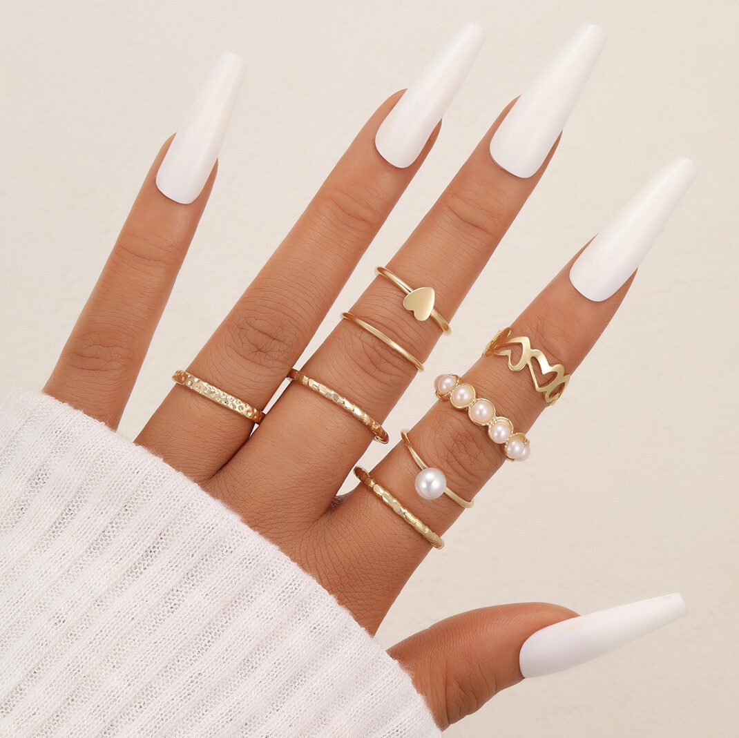 Hollow Heart Geometric Butterfly Leaf Ring Suit - Image 13