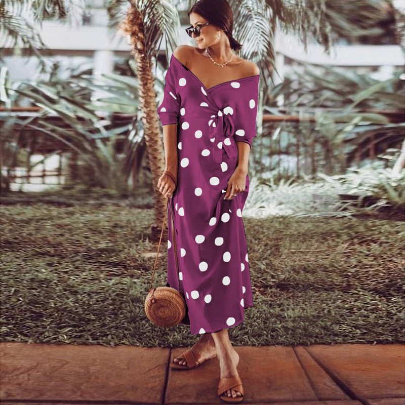 Polka Dot Print Long Sleeve V Neck Off Shoulder Dress - Image 20