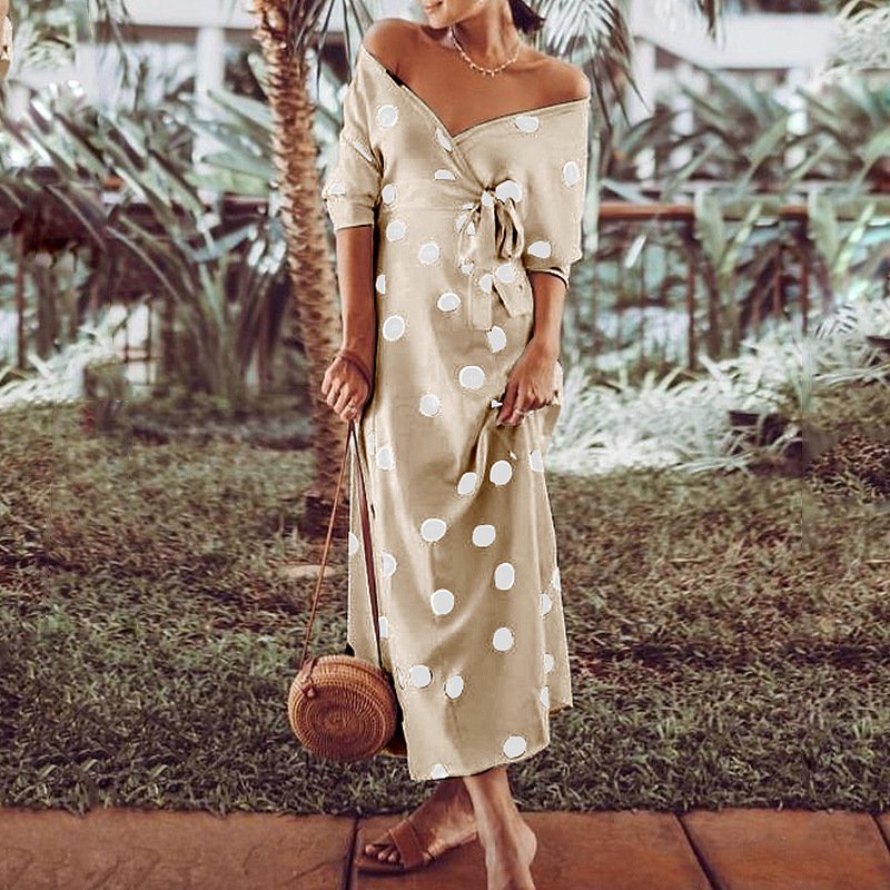 Polka Dot Print Long Sleeve V Neck Off Shoulder Dress - Image 9