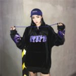 new Korean version of Harajuku high-end embroidery flame letter plus velvet drawstring hooded velvet sweater