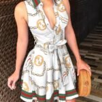V-neck, cardigan, floral band dress
