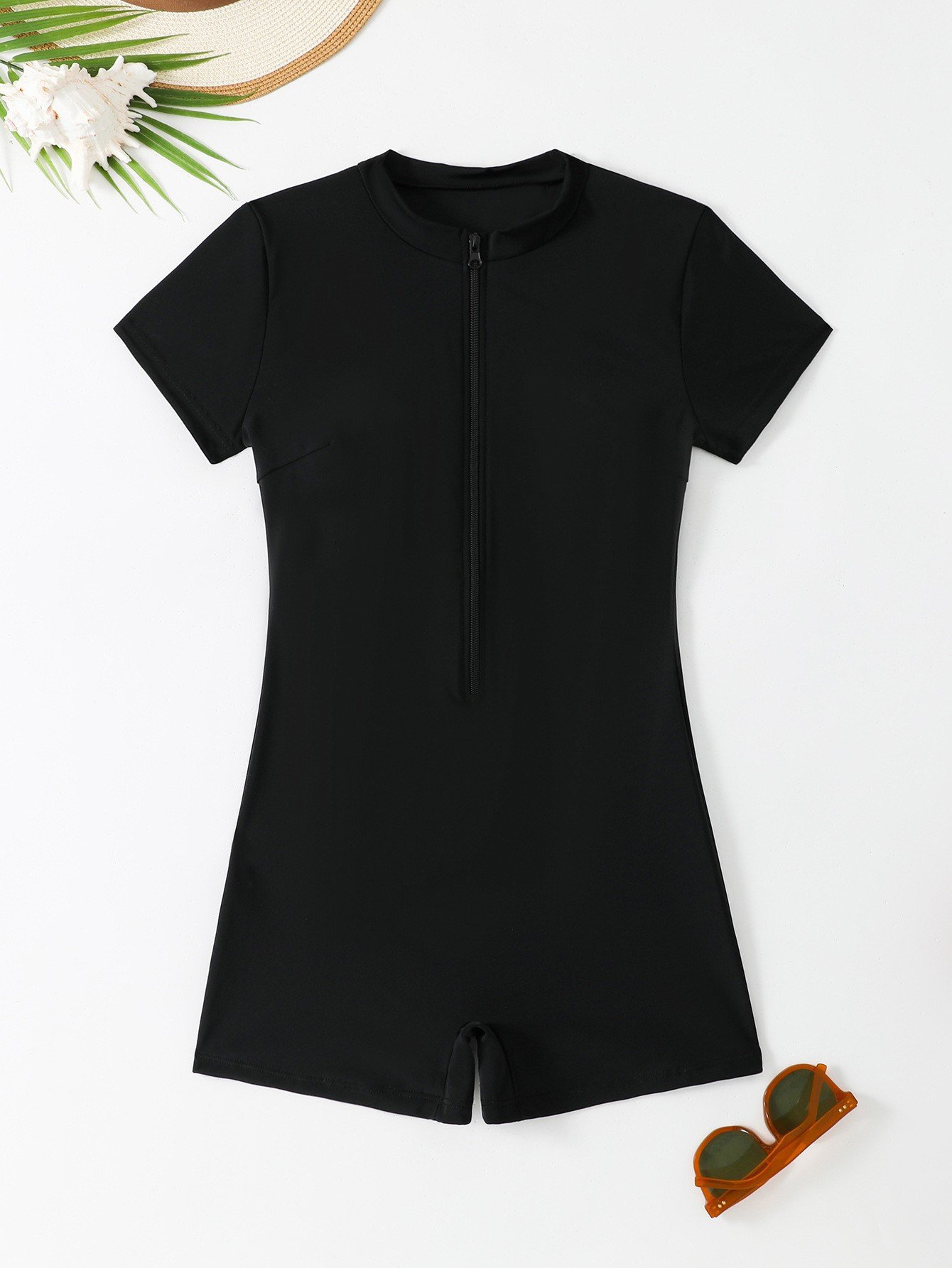 Solid Color Zipper One-pieces Short Sleeve Beach Sports Swimwear - Image 7