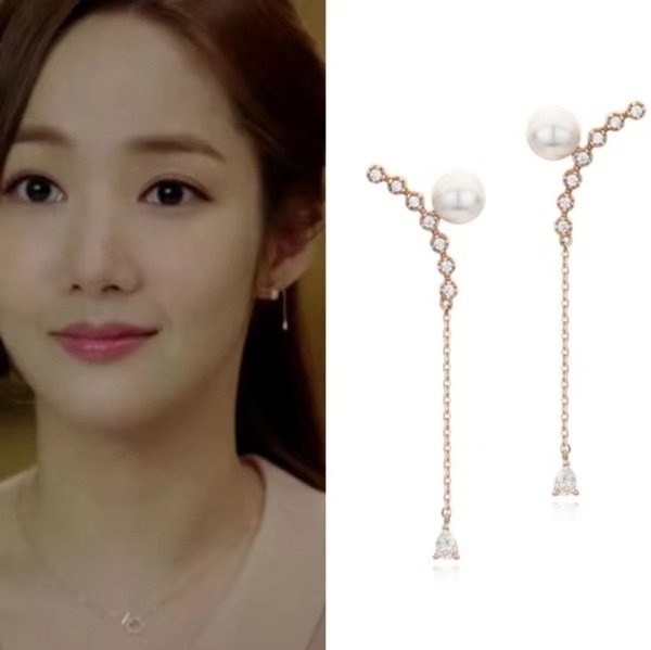 Temperament earrings Korean drama gold secretary Park Min-ying with the earrings Pearl long earrings - Image 2