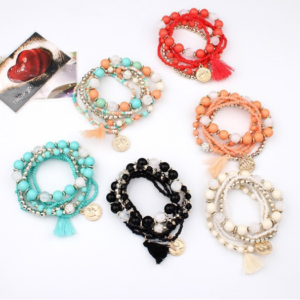 Bohemian head coin mixed color rice beads multi-layer bracelet tassel multi-layer elastic bracelet
