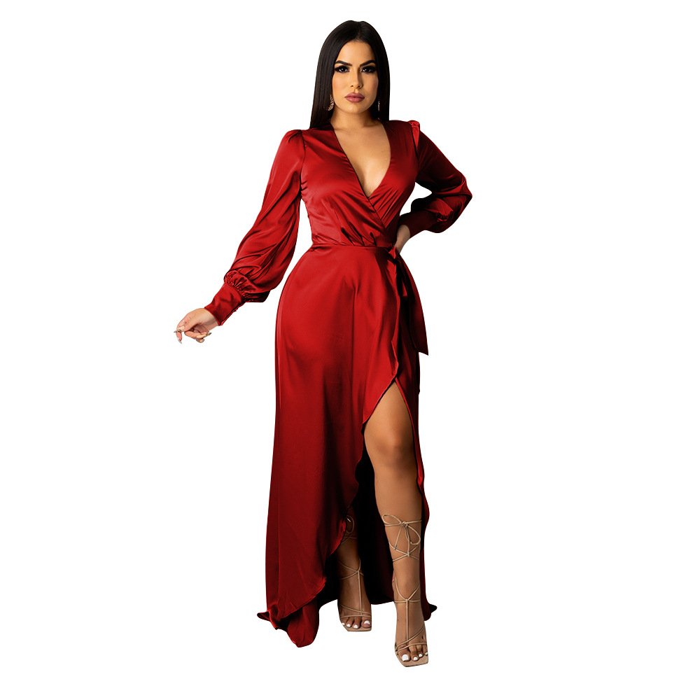 Fashionable V-Neck Silk Face Solid Color Lace Irregular Long Dress - Image 3