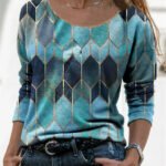 Long sleeve retro geometric print casual top T-shirt