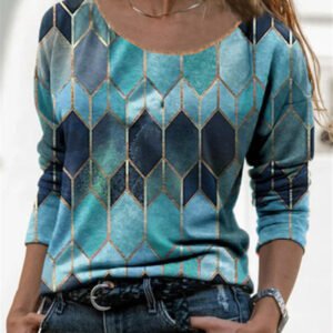 Long sleeve retro geometric print casual top T-shirt