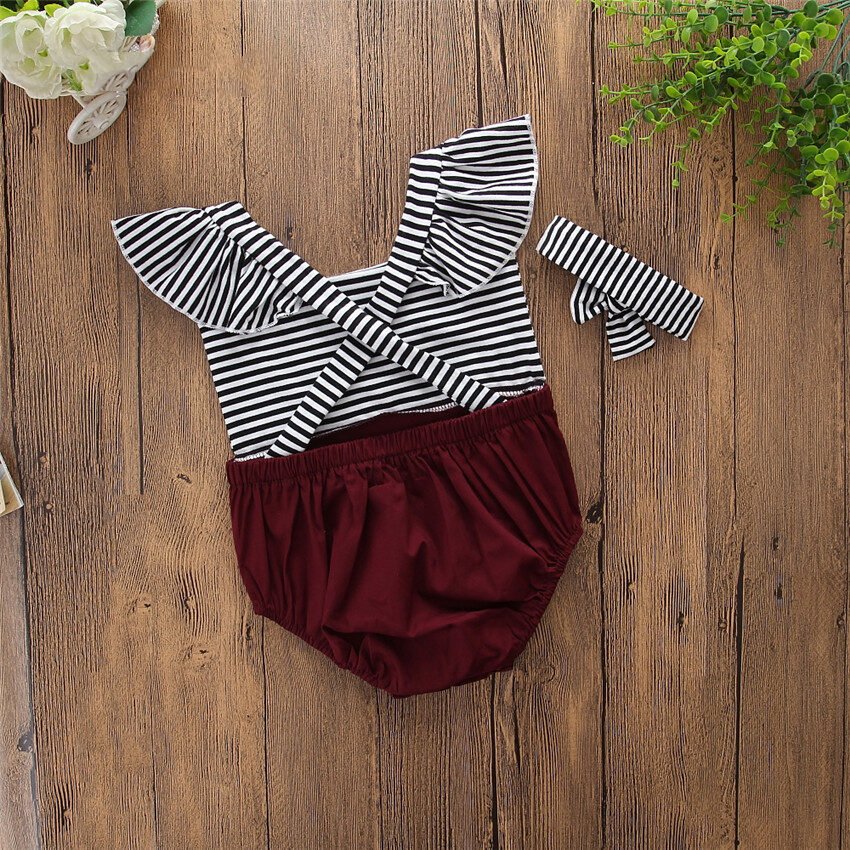 Girls Flying Sleeve Striped Romper + Headband Set - Image 3