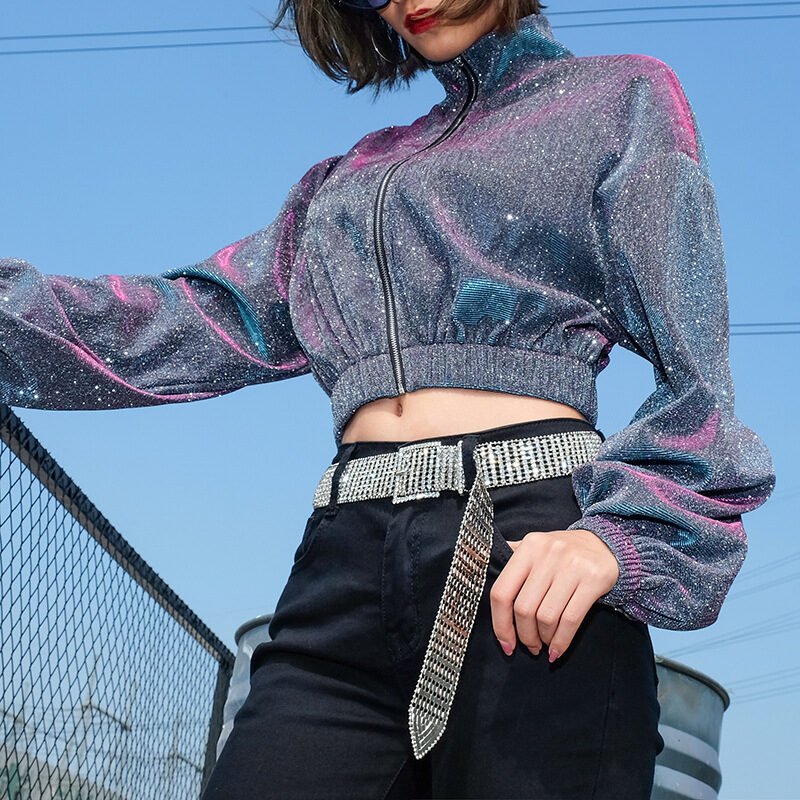 Flash jacket girl long sleeve Lapel short waist receipt dance suit loose style high waist jacket fashion in - Image 4