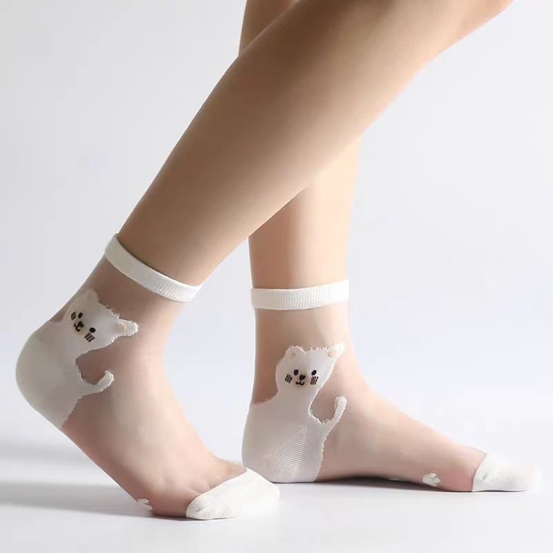 Cute Bear Sheer Mesh Ankle Socks, Transparent Cartoon Bear Print Socks, Thin Breathable Socks For Summer & Daily Wear