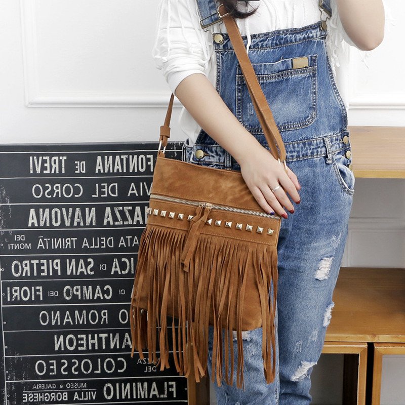 Xi Shi Velvet Rivet Tassel Bag - Image 4