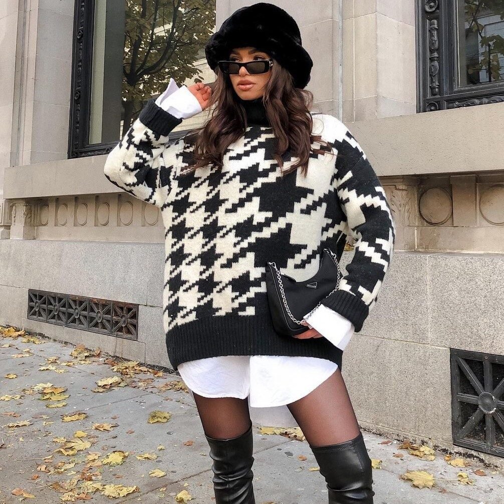 Houndstooth Knitted Retro Pullover Sweater - Image 2