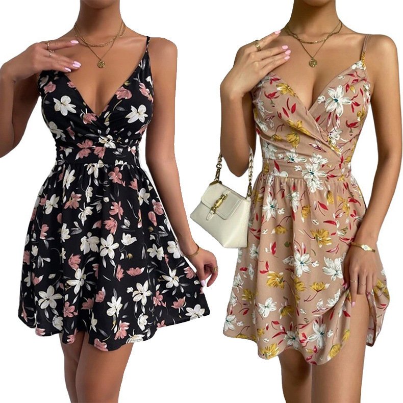 European And American Women's Elegant Suspender Skirt V-neck Pullover Sleeveless Print Dress - Image 2
