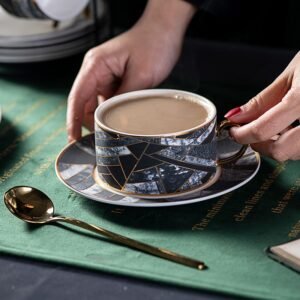 Diamond check coffee cup and saucer