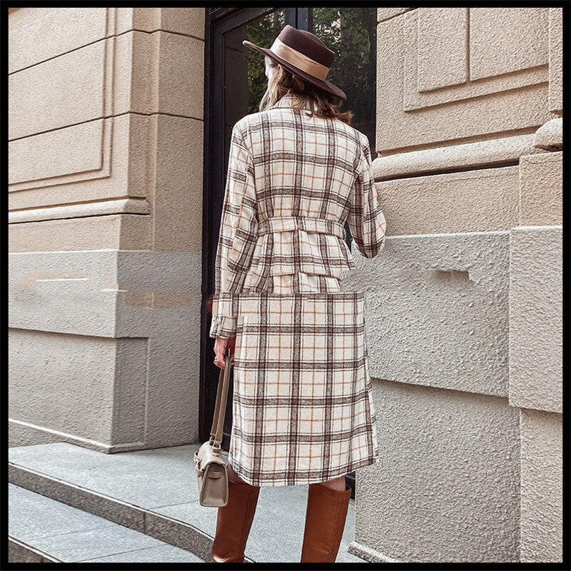 Ladies British Style Long Check Woolen Coat - Image 2
