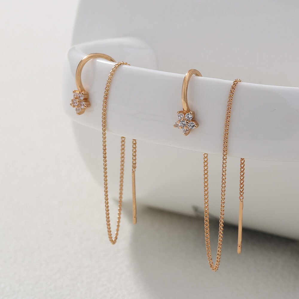 Extra Long Tassel Ear Thread Pentagonal Irregular Geometric Diamond Ear Clip Earrings - Image 5