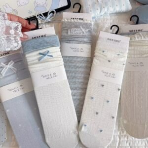 Coquette Light Blue & White Crew Socks, Bow & Heart Print Ruffle Trim Knit Socks, Women's Sweet Preppy Socks For Spring & Summer