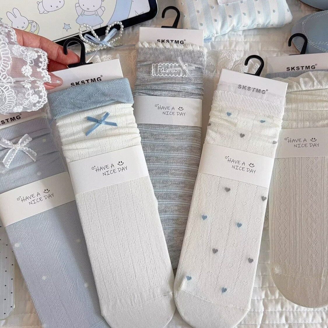 Coquette Light Blue & White Crew Socks, Bow & Heart Print Ruffle Trim Knit Socks, Women's Sweet Preppy Socks For Spring & Summer