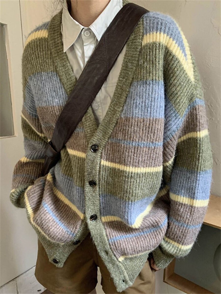 V-neck Japanese Lazy Style Retro Striped Sweater Coat Women - Image 12
