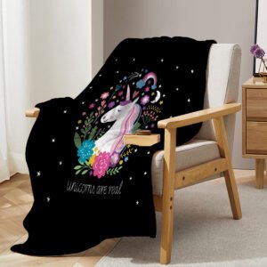 1 Pce Of Flannel Black Base Unicorn Pattern Soft And Fluffy Multifunctional Outdoor Beach Camping Living Room Sofa Office Nap Printed Blanket