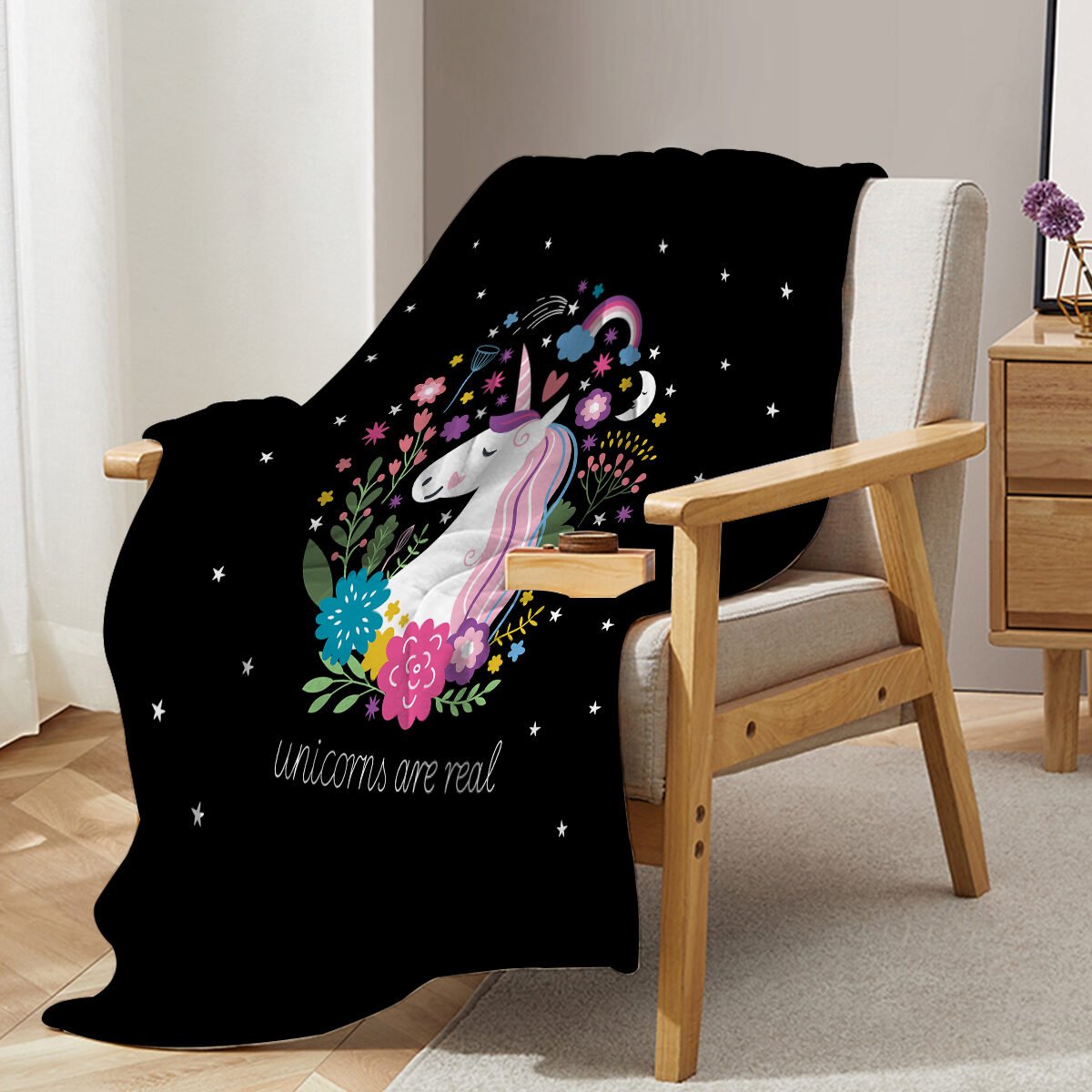 1 Pce Of Flannel Black Base Unicorn Pattern Soft And Fluffy Multifunctional Outdoor Beach Camping Living Room Sofa Office Nap Printed Blanket