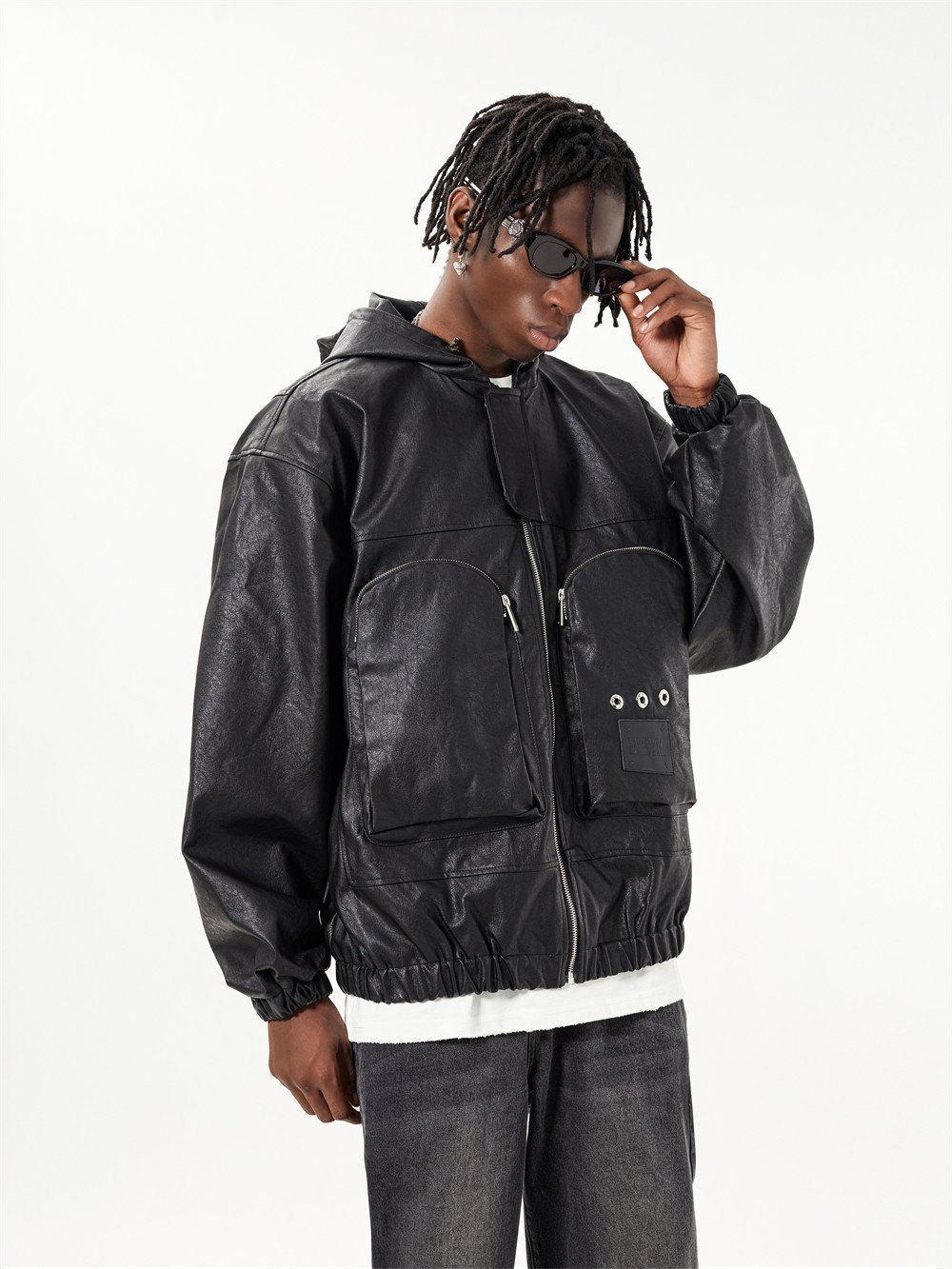 Dark Motorcycle Style Hooded Leather Jacket Men - Image 15