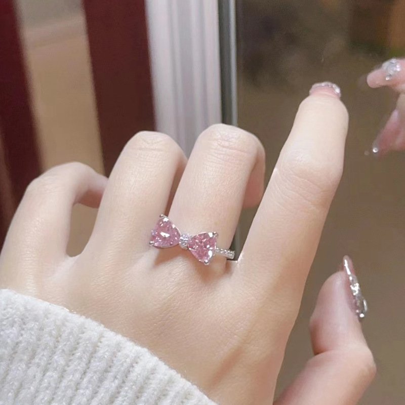 Princess's Castle Pink Bow Female Diamond Zircon French Girl Micro-inlaid Ring - Image 14