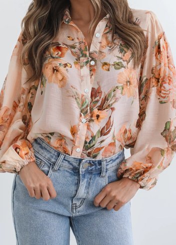 Brown Floral Puff Sleeve Lightweight Shirt - Image 7