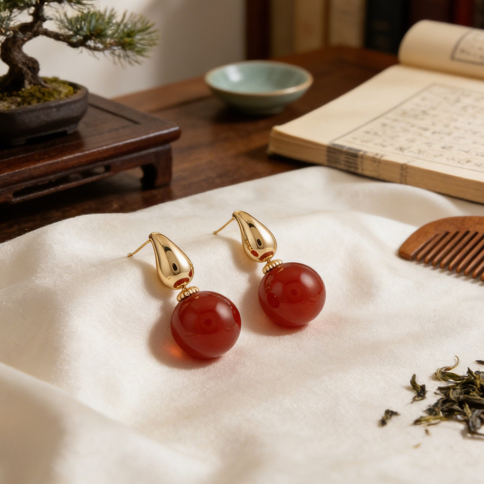 925 Sterling Silver Elegant Red Carnelian Sphere and Polished Metallic Teardrop Drop Earrings - Image 3