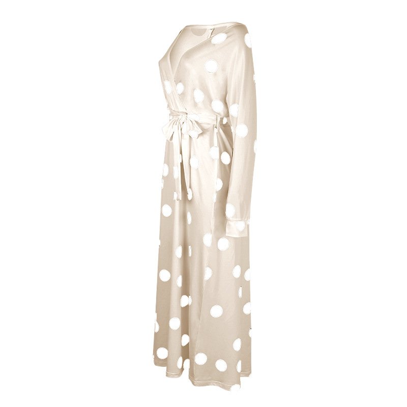 Polka Dot Print Long Sleeve V Neck Off Shoulder Dress - Image 11