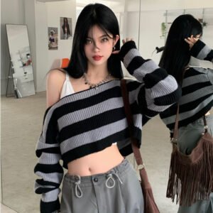 Women's Retro Off-the-shoulder Short Striped Sweater