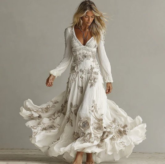 Retro Bohemian Rose Embroidered Linen Loose-Fit Long Dress - Image 2