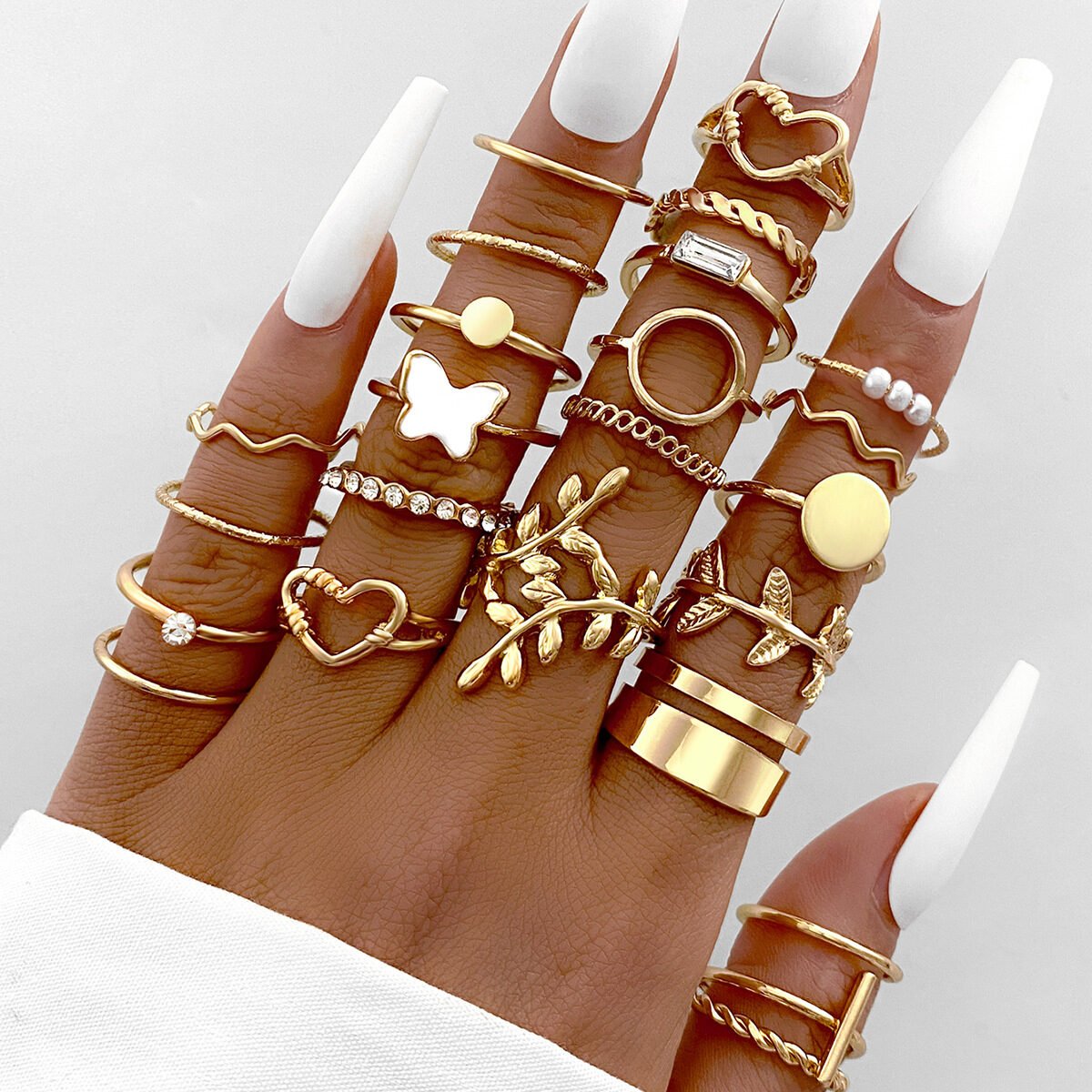 Hollow Heart Geometric Butterfly Leaf Ring Suit - Image 2