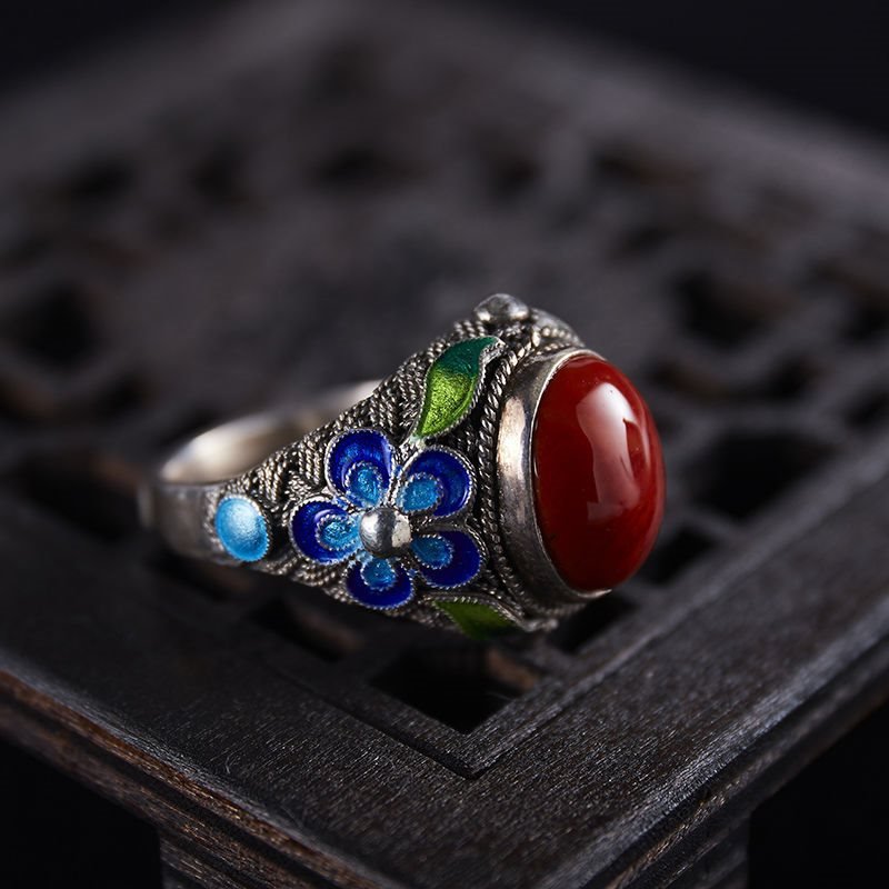 Agate Burnt Blue Pattern Cloisonne Ring For Women - Image 4