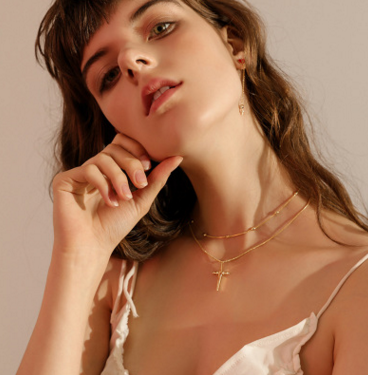 Layered Choker Cross Pendant Necklace - Image 2