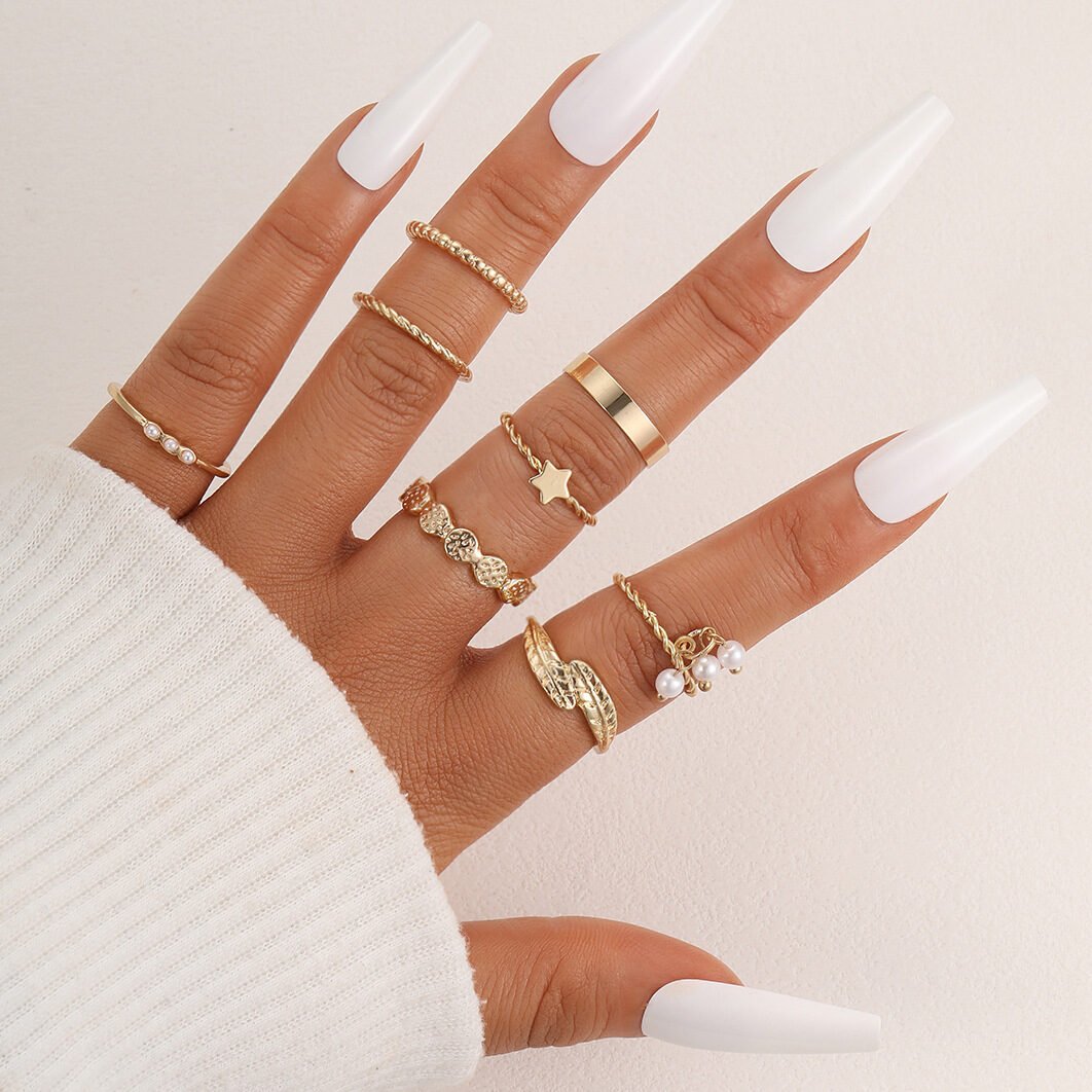 Hollow Heart Geometric Butterfly Leaf Ring Suit - Image 16