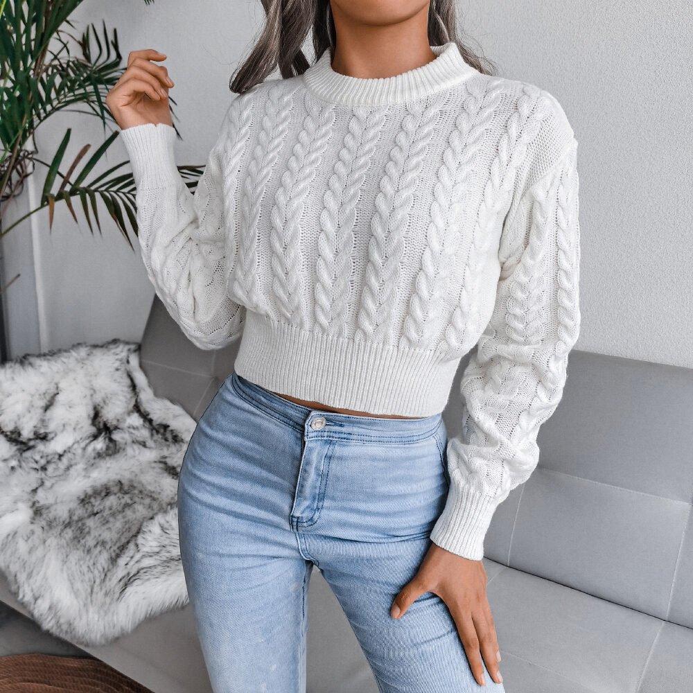 Cable Knit Waist Cinched Cropped Sweater - Image 2