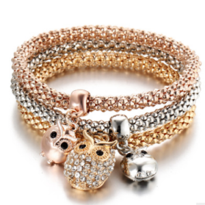 3 Pieces Set Crystal Bead Bracelet for Women Decorated with Crystal Owl Charm