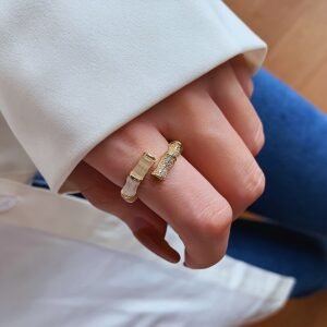Unisex Alloy Geometric Bamboo Joint Ring, Cat's Eye Stone Open Adjustable Jewelry
